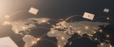 Ilustración de un mapa mundial con puntos luminosos conectados por cartas, que representa la plataforma Razones para quedarse, creada por un estudiante de la Universidad Atlántida.