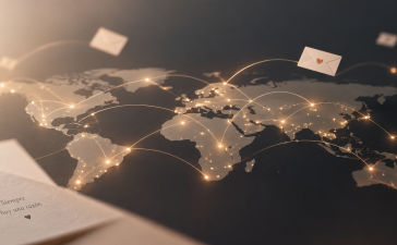 Ilustración de un mapa mundial con puntos luminosos conectados por cartas, que representa la plataforma Razones para quedarse, creada por un estudiante de la Universidad Atlántida.
