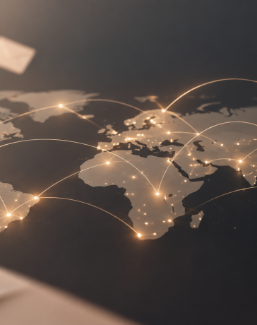 Ilustración de un mapa mundial con puntos luminosos conectados por cartas, que representa la plataforma Razones para quedarse, creada por un estudiante de la Universidad Atlántida.