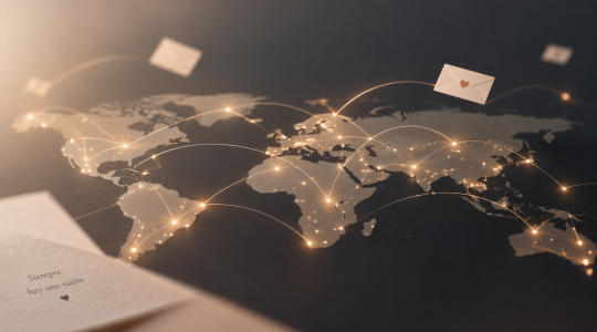Ilustración de un mapa mundial con puntos luminosos conectados por cartas, que representa la plataforma Razones para quedarse, creada por un estudiante de la Universidad Atlántida.