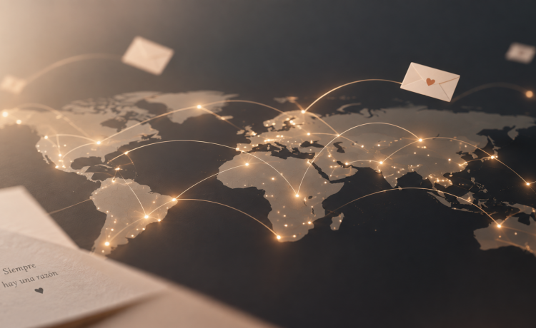 Ilustración de un mapa mundial con puntos luminosos conectados por cartas, que representa la plataforma Razones para quedarse, creada por un estudiante de la Universidad Atlántida.